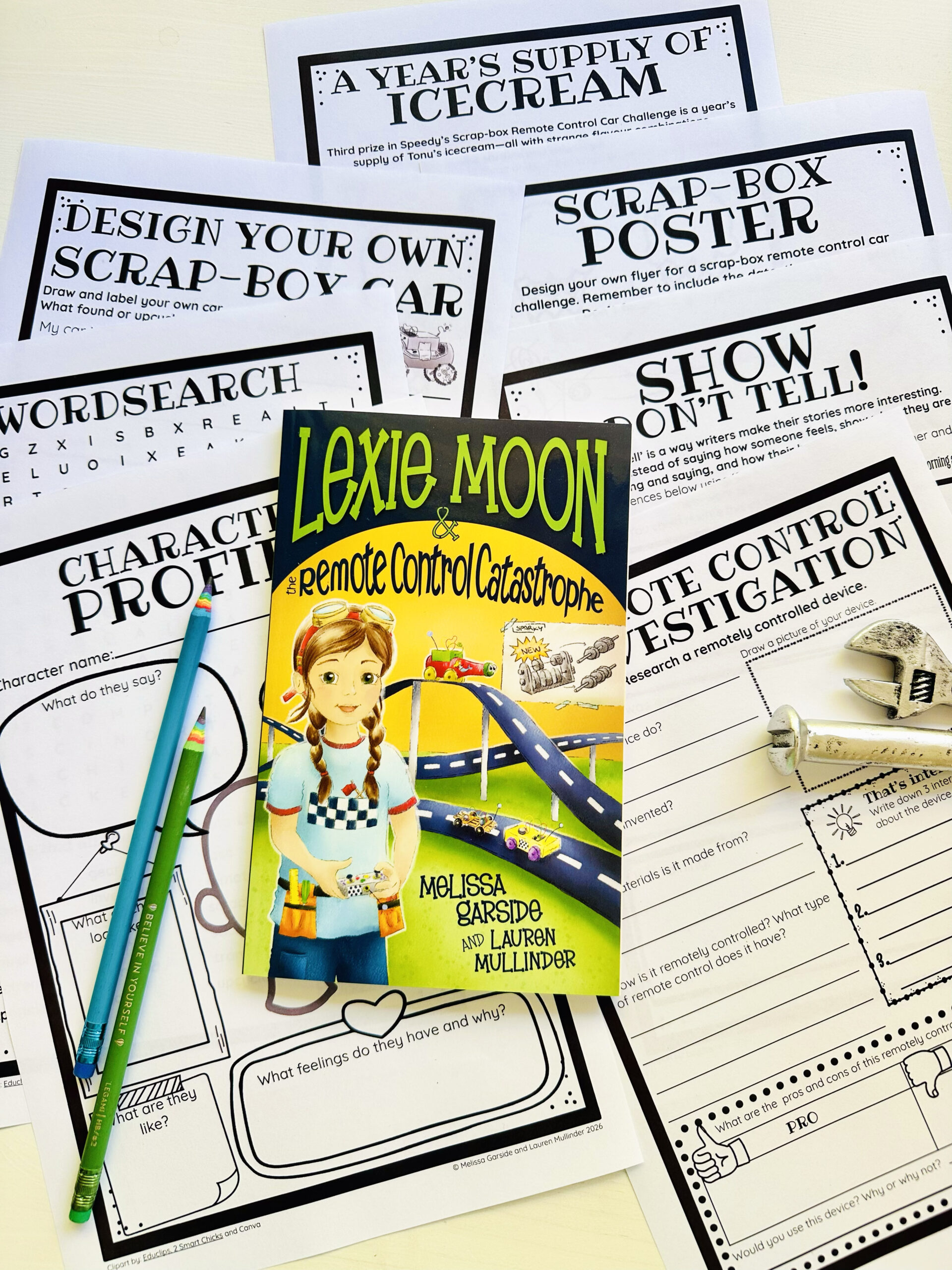 A copy of the book Lexie Moon and the Remote Control Catastrophe surrounded by printable worksheets.